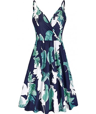 Racing Womens Sleeveless Summer Dress Floral Printed Adjustable Spaghetti Strap Dresses Party Cocktail Evening Gown Navy - C3...