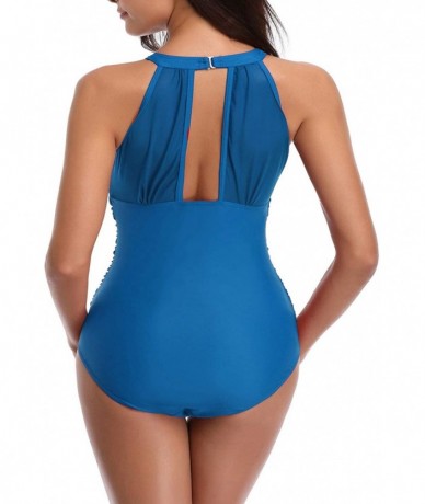 One-Pieces Womens One Piece Swimsuits Mesh V Neck Monokini Bathing Suits Tummy Control Swimwear - 09blue - CT18REGI5H3 $50.51