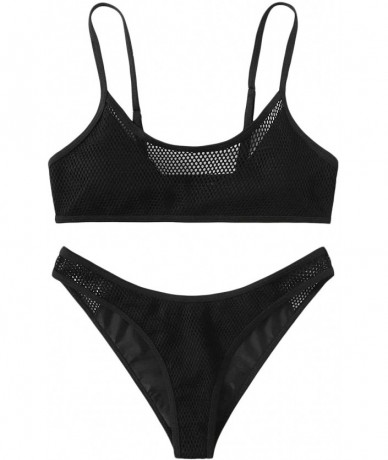 Sets Women's Sexy Triangle Bathing Spaghetti Strap Mesh High Cut Bikini Set - Black - C8196LWEUNN $20.14