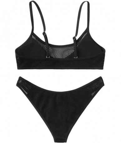 Sets Women's Sexy Triangle Bathing Spaghetti Strap Mesh High Cut Bikini Set - Black - C8196LWEUNN $20.14