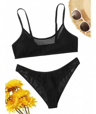 Sets Women's Sexy Triangle Bathing Spaghetti Strap Mesh High Cut Bikini Set - Black - C8196LWEUNN $20.14