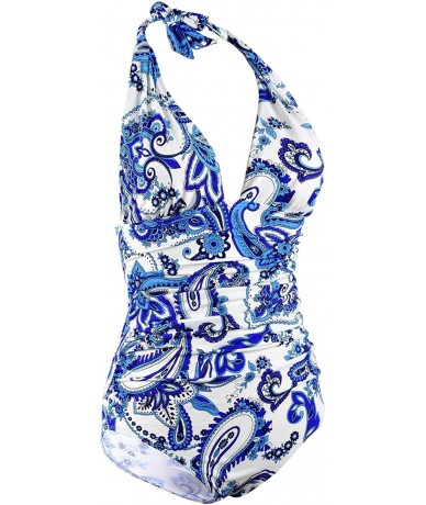 One-Pieces Women's Sexy One Piece Swimwear Deep V Halter Backless Swimsuit - White Paisley-22 - CU18MD6GL6R $47.89