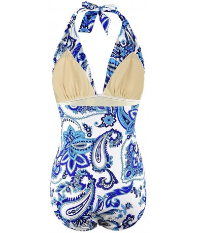 One-Pieces Women's Sexy One Piece Swimwear Deep V Halter Backless Swimsuit - White Paisley-22 - CU18MD6GL6R $47.89