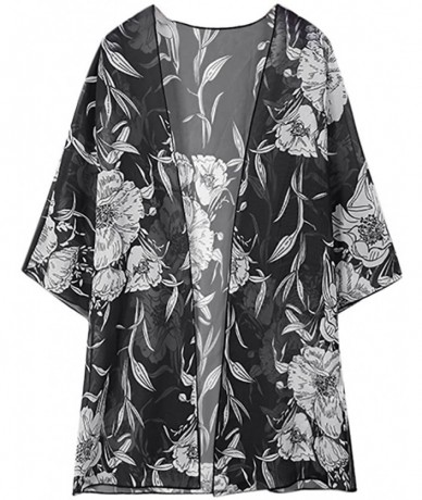 Cover-Ups Women's Chiffon Shawl Kimono Floral Print Cardigan Tops Blouse Beachwear - M Black - C2199MTKHD9 $50.37