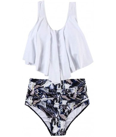 Board Shorts Swimsuits for Women Two Piece Bathing Suits Ruffled Flounce Top with High Waisted Bottom Bikini Set - G-white - ...