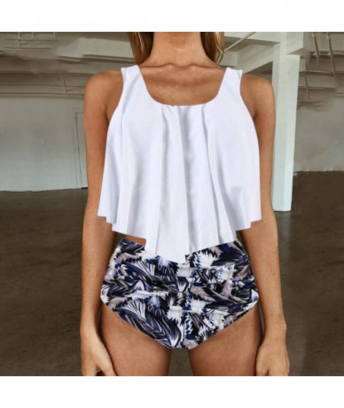 Board Shorts Swimsuits for Women Two Piece Bathing Suits Ruffled Flounce Top with High Waisted Bottom Bikini Set - G-white - ...