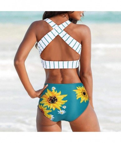 Racing Two Pieces Push-Up Padd Overlay Sunflower Print Bikini Stripe Bathing Suits Swimwear Beachwear Set - White - CY196EC8D...