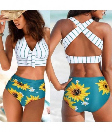 Racing Two Pieces Push-Up Padd Overlay Sunflower Print Bikini Stripe Bathing Suits Swimwear Beachwear Set - White - CY196EC8D...