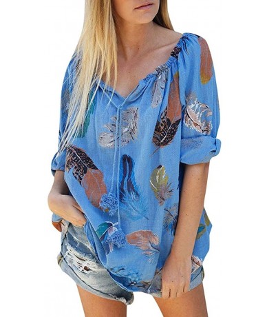 Cover-Ups Floral Blouses for Womens Leaves Feather Flared Long Sleeve V Neck Bandage Drawstring Tunic Tops Casual Tshirt 9 Bl...