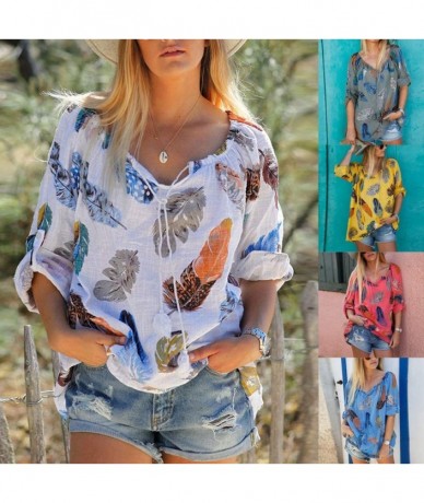 Cover-Ups Floral Blouses for Womens Leaves Feather Flared Long Sleeve V Neck Bandage Drawstring Tunic Tops Casual Tshirt 9 Bl...