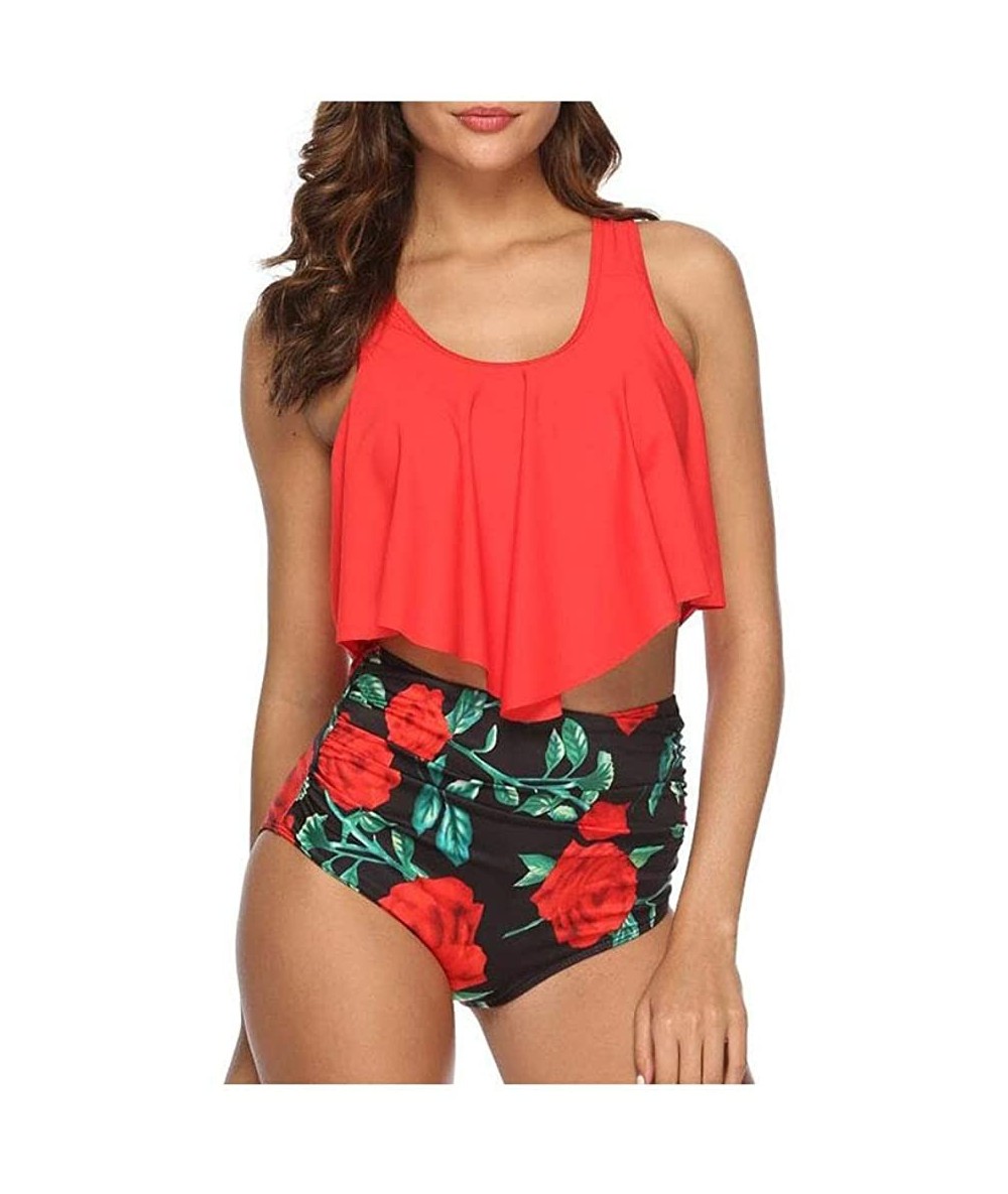 Racing Summer Women's Floral Print U Neck Tankini Set - Red - CD18UYM976Y $34.73