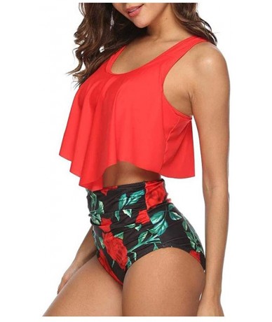 Racing Summer Women's Floral Print U Neck Tankini Set - Red - CD18UYM976Y $34.73