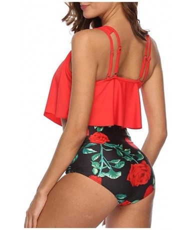 Racing Summer Women's Floral Print U Neck Tankini Set - Red - CD18UYM976Y $34.73