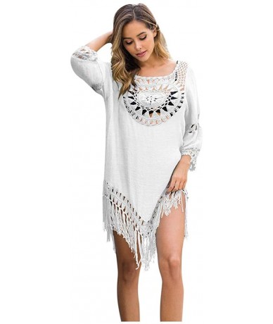 Cover-Ups Women's Crochet Swimsuit Cover Up Hollow Out Flare Sleeve Beach Swimwear Tassel Cardigan - 109-white - C2194K8KA3T ...