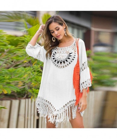 Cover-Ups Women's Crochet Swimsuit Cover Up Hollow Out Flare Sleeve Beach Swimwear Tassel Cardigan - 109-white - C2194K8KA3T ...