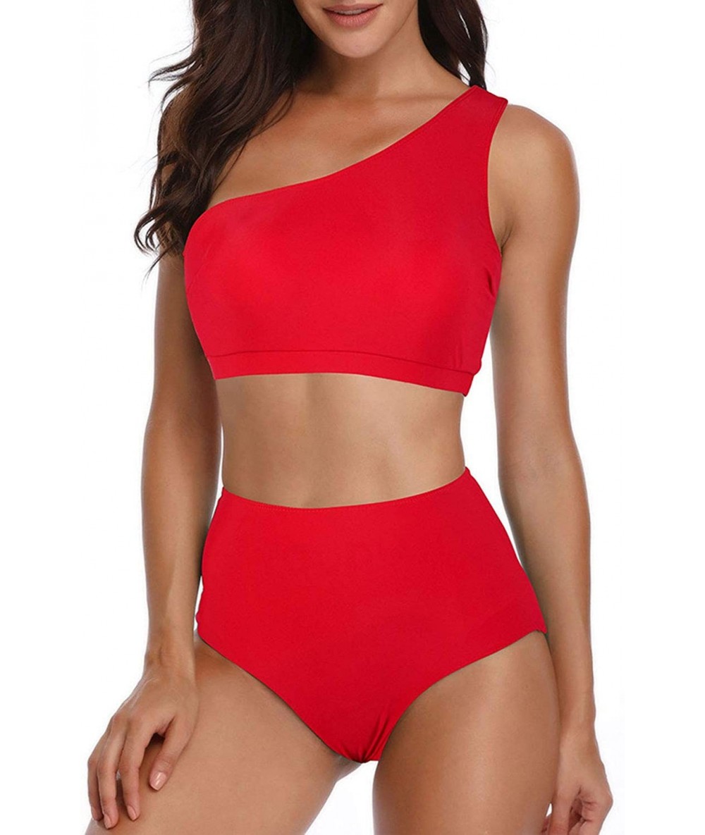 Sets Womens One Shoulder Mesh Patchwork High Waisted 2 Pieces Swimwear - 02red - C918UYIE9SW $36.73