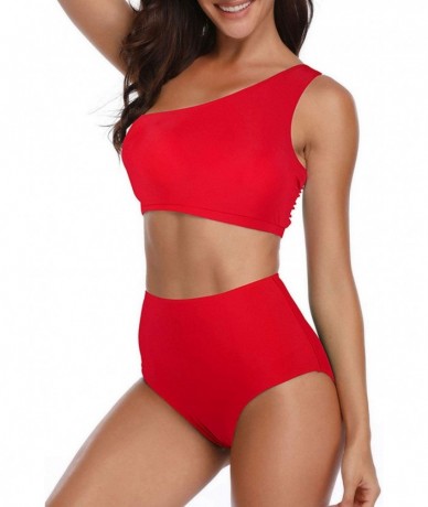 Sets Womens One Shoulder Mesh Patchwork High Waisted 2 Pieces Swimwear - 02red - C918UYIE9SW $36.73