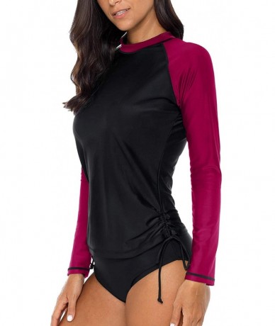 Rash Guards Swim Shirts for Women Long Sleeve Rashguard Stripped Print Sun Shirts - Black/Fuchsia - CX194O0TNRM $43.00