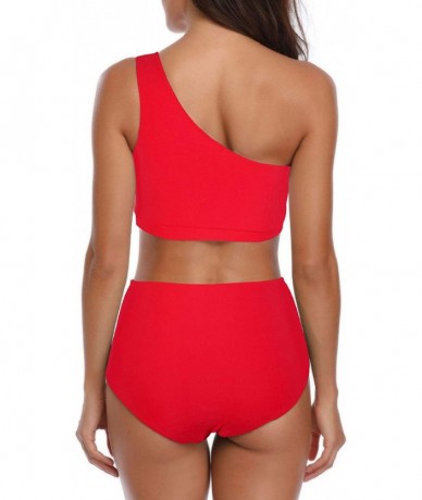 Sets Womens One Shoulder Mesh Patchwork High Waisted 2 Pieces Swimwear - 02red - C918UYIE9SW $36.73