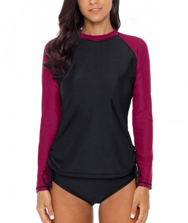 Rash Guards Swim Shirts for Women Long Sleeve Rashguard Stripped Print Sun Shirts - Black/Fuchsia - CX194O0TNRM $43.00