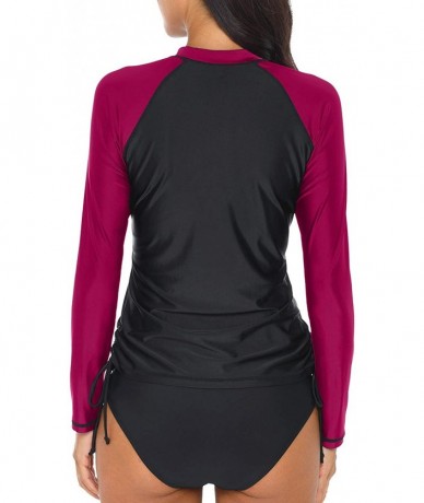 Rash Guards Swim Shirts for Women Long Sleeve Rashguard Stripped Print Sun Shirts - Black/Fuchsia - CX194O0TNRM $43.00