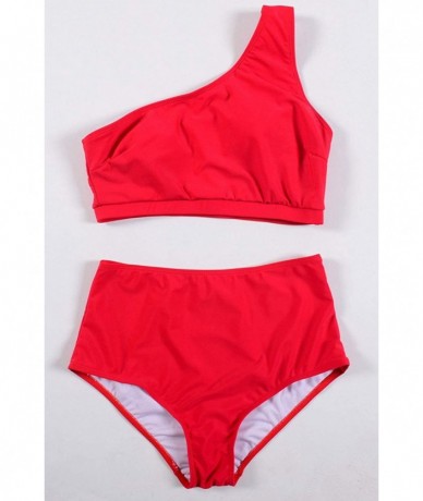 Sets Womens One Shoulder Mesh Patchwork High Waisted 2 Pieces Swimwear - 02red - C918UYIE9SW $36.73