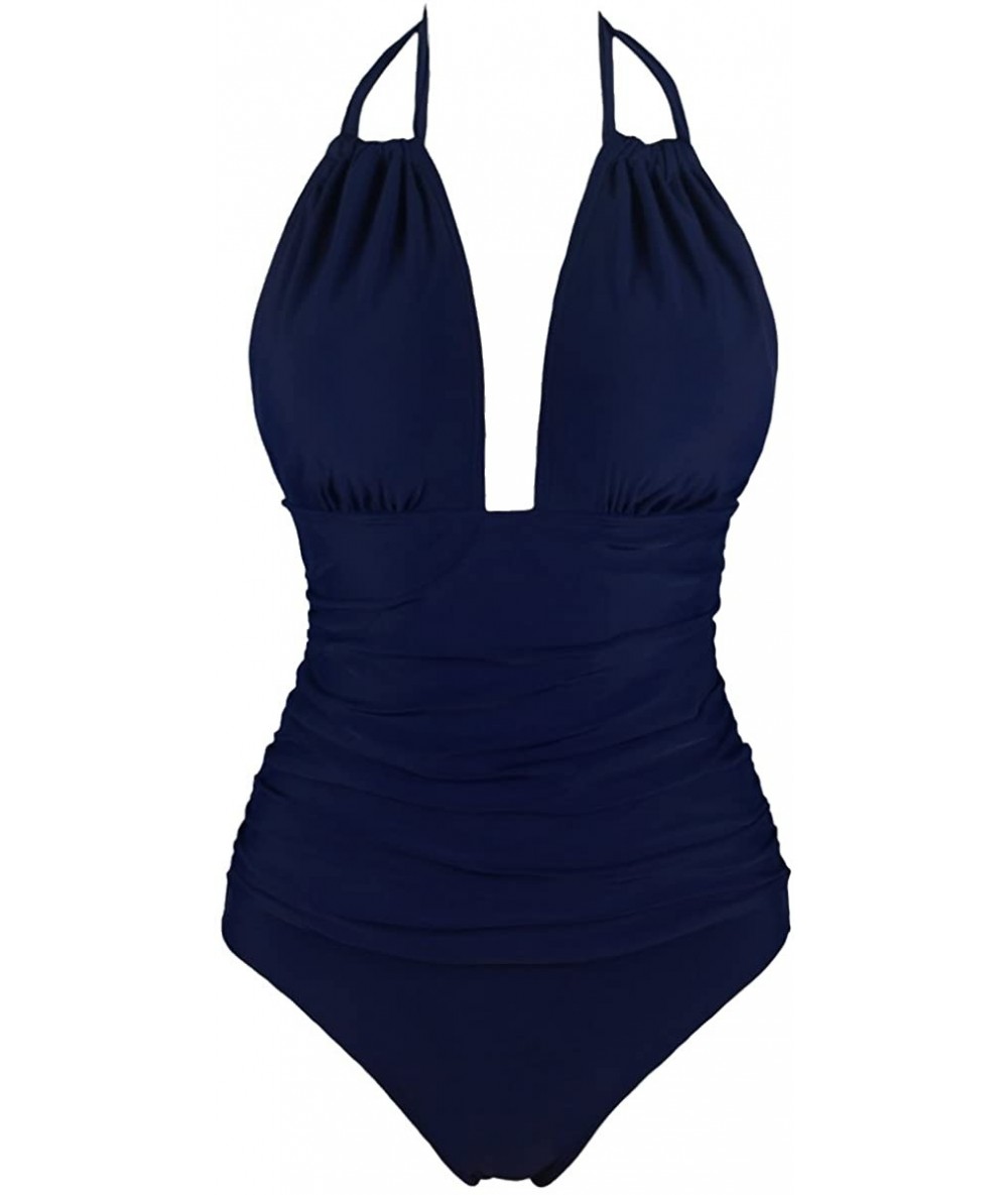 One-Pieces Women Vintage Tummy Control Swimwear V Neck Backless one Piece Swimsuit - Navy - CE18SIONTTE $42.55