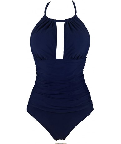 One-Pieces Women Vintage Tummy Control Swimwear V Neck Backless one Piece Swimsuit - Navy - CE18SIONTTE $42.55