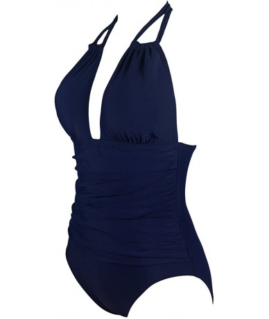 One-Pieces Women Vintage Tummy Control Swimwear V Neck Backless one Piece Swimsuit - Navy - CE18SIONTTE $42.55