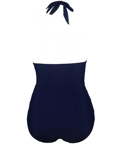 One-Pieces Women Vintage Tummy Control Swimwear V Neck Backless one Piece Swimsuit - Navy - CE18SIONTTE $42.55