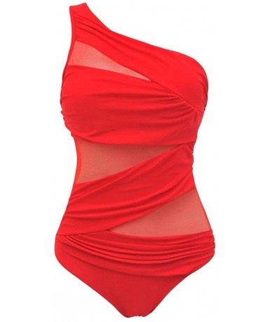 One-Pieces Womens One Piece Swimsuit Mesh Swimwear Solid Bathing Suit - Red - C217YREOZDA $45.06