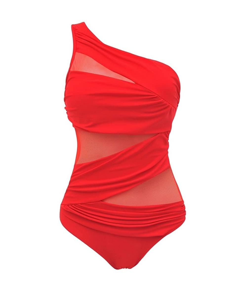 One-Pieces Womens One Piece Swimsuit Mesh Swimwear Solid Bathing Suit - Red - C217YREOZDA $45.06