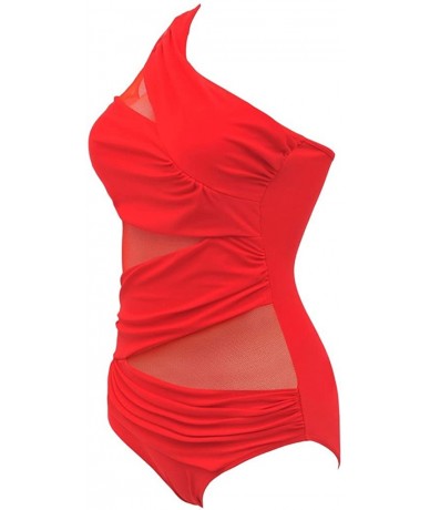 One-Pieces Womens One Piece Swimsuit Mesh Swimwear Solid Bathing Suit - Red - C217YREOZDA $45.06