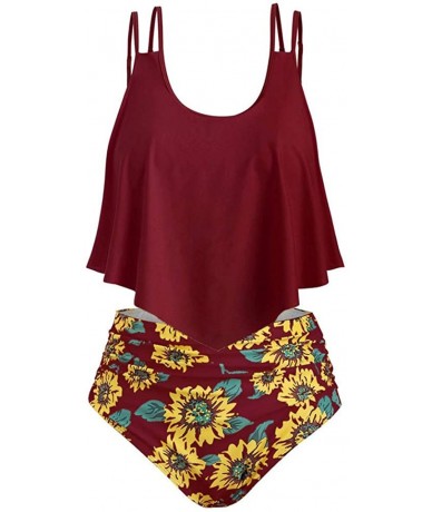 Racing Women's Bikini 2Pc Ruffled Swimsuits Tankini Set - Z-1 Wine Red - CB18TH2YYOH $41.03