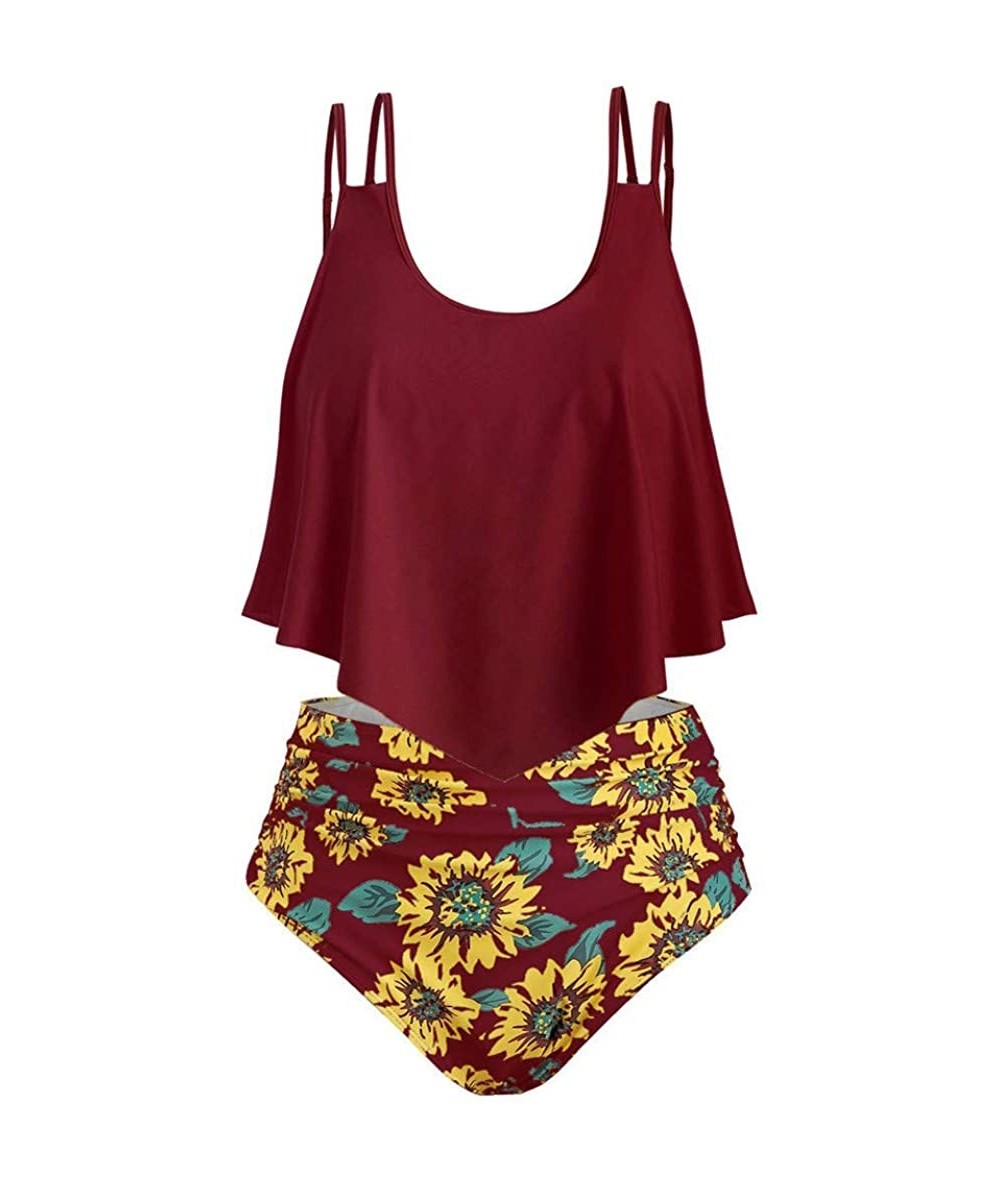 Racing Women's Bikini 2Pc Ruffled Swimsuits Tankini Set - Z-1 Wine Red - CB18TH2YYOH $41.03