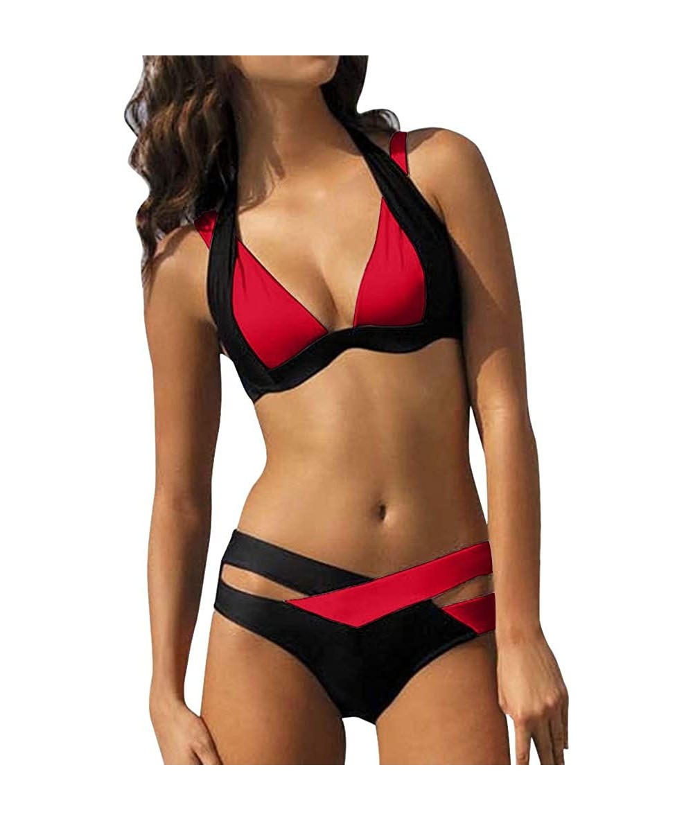 Sets Women's Two Pieces Swimsuit Crochet Lace High Waist V Neck Bikini Set Swimsuit - Red - CA193X9LG54 $24.70