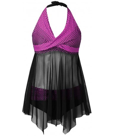 Sets Women's Mesh Polka Dot Print Tankini Set Plus Size Skirted Bathing Suit Sexy Halter 2 Piece Swimdress Swimwear Purple - ...