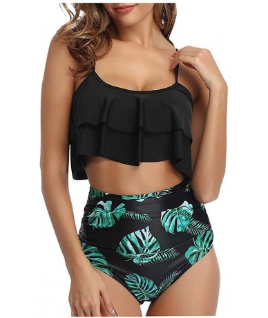 Sets Womens Bikini Set Two Piece Strappy Ruffle Hem Top with High Waisted Bottom Summer Swimsuit Beach Bathing Suit Black - C...