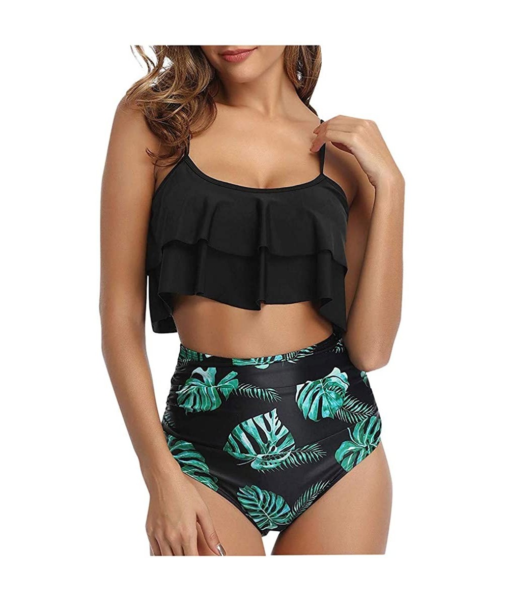 Sets Womens Bikini Set Two Piece Strappy Ruffle Hem Top with High Waisted Bottom Summer Swimsuit Beach Bathing Suit Black - C...