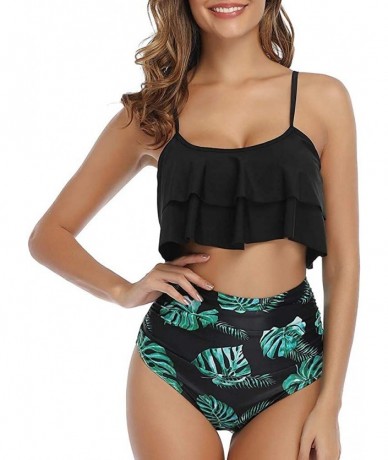 Sets Womens Bikini Set Two Piece Strappy Ruffle Hem Top with High Waisted Bottom Summer Swimsuit Beach Bathing Suit Black - C...