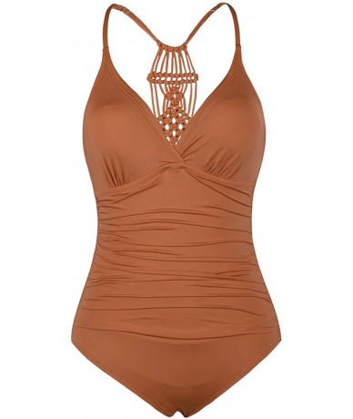 One-Pieces Women's One Piece Swimsuits Halter Braid Macrame Ruched Slimming Tummy Control Swimwear - Tangy Orange - CR193N75I...