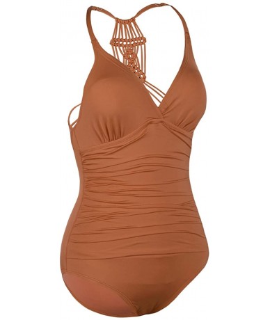 One-Pieces Women's One Piece Swimsuits Halter Braid Macrame Ruched Slimming Tummy Control Swimwear - Tangy Orange - CR193N75I...