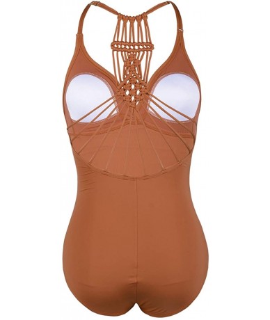 One-Pieces Women's One Piece Swimsuits Halter Braid Macrame Ruched Slimming Tummy Control Swimwear - Tangy Orange - CR193N75I...