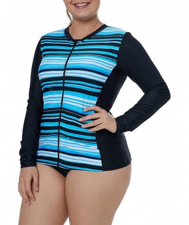 Rash Guards Women Long Raglan Sleeves Pullover Rashguard Zip Front Multicoloured Striped Swimwear Tops - Blue Striped - CB18U...