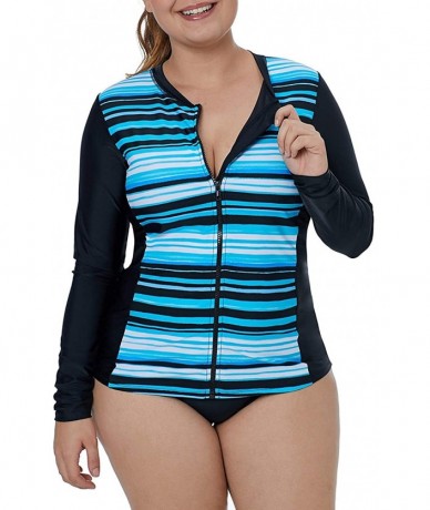 Rash Guards Women Long Raglan Sleeves Pullover Rashguard Zip Front Multicoloured Striped Swimwear Tops - Blue Striped - CB18U...