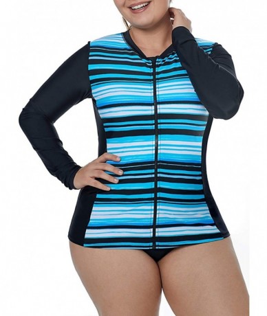 Rash Guards Women Long Raglan Sleeves Pullover Rashguard Zip Front Multicoloured Striped Swimwear Tops - Blue Striped - CB18U...