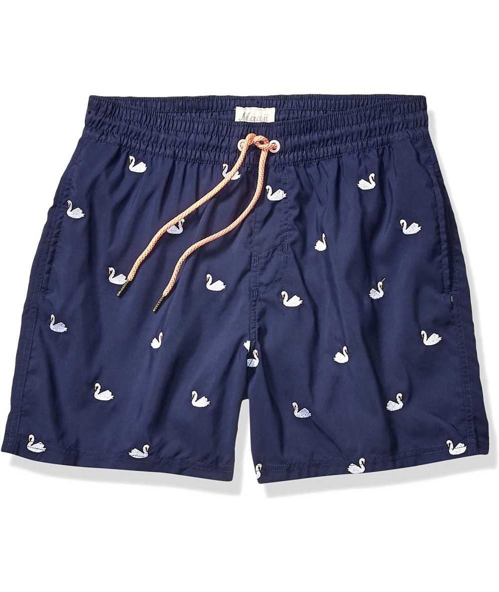 Trunks Men's Embroidered Elastic Waist Mid Length Swimsuit 6" Inseam - Like a Duck Navy Blue Embroidery - CH18YE370ZH $82.84