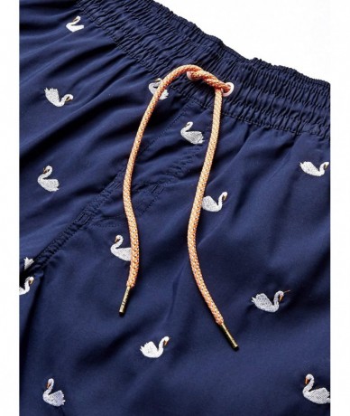 Trunks Men's Embroidered Elastic Waist Mid Length Swimsuit 6" Inseam - Like a Duck Navy Blue Embroidery - CH18YE370ZH $82.84