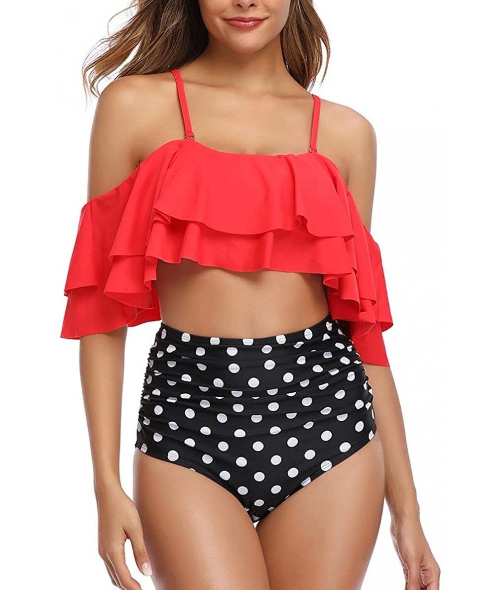 Sets Women Off Shoulder Bikini Set Ruffled Printed High Waist Bottom Bathing Suit Swimsuits - Red Polka Dot - C318TI8ON4K $25.93