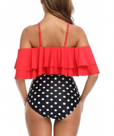 Sets Women Off Shoulder Bikini Set Ruffled Printed High Waist Bottom Bathing Suit Swimsuits - Red Polka Dot - C318TI8ON4K $25.93